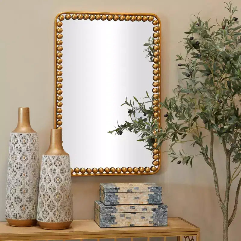 Miroir Mural en Métal avec Détails Perles Dorées, Miroir Décoratif Rectangulaire Moderne, Aucun Assemblage Requis