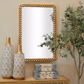 Miroir Mural en Métal avec Détails Perles Dorées, Miroir Décoratif Rectangulaire Moderne, Aucun Assemblage Requis