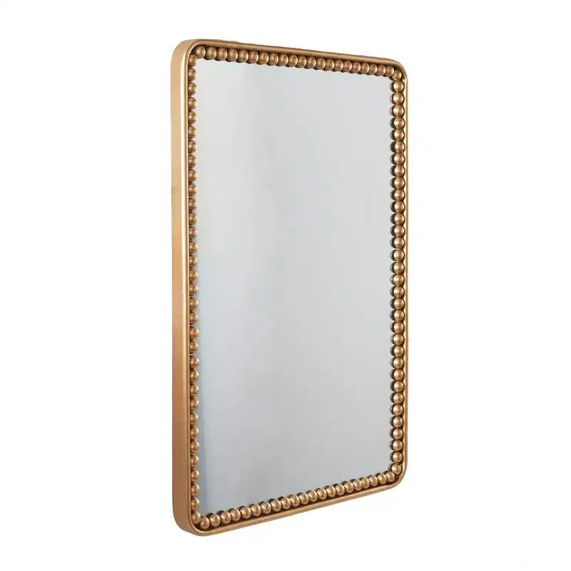 Miroir Mural en Métal avec Détails Perles Dorées, Miroir Décoratif Rectangulaire Moderne, Aucun Assemblage Requis