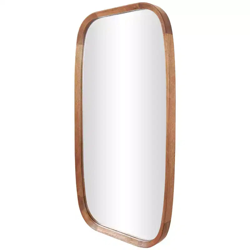 Miroir mural simple en bois avec bords arrondis, marron, design moderne, cadre en MDF, aucun assemblage requis
