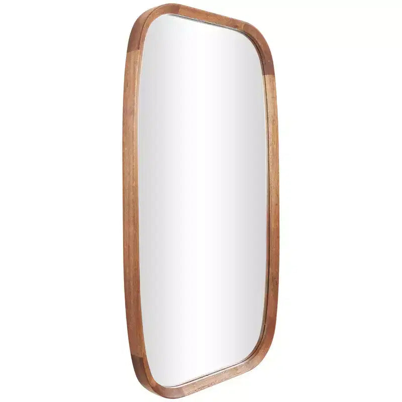 Miroir mural simple en bois avec bords arrondis, marron, design moderne, cadre en MDF, aucun assemblage requis