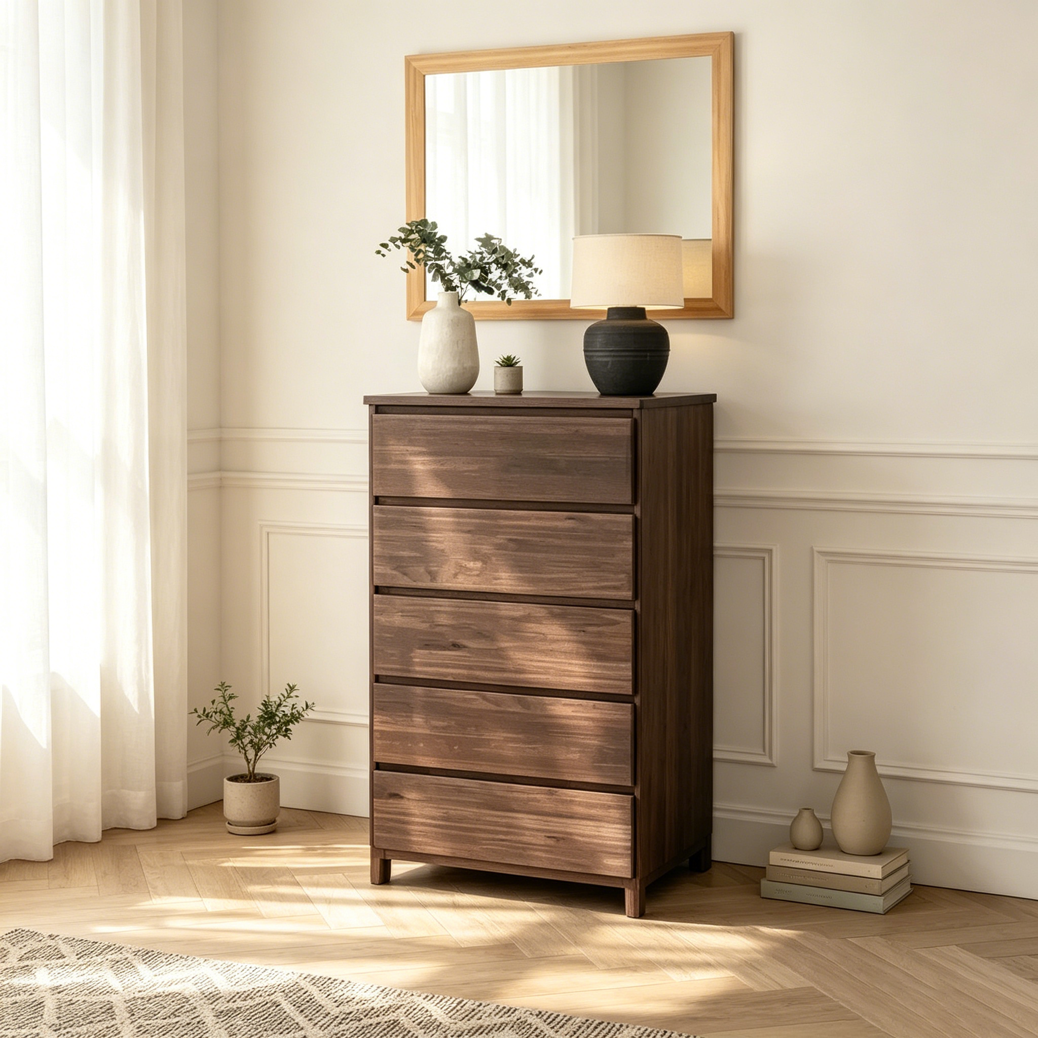 Commode de ferme en bois massif à 5 tiroirs