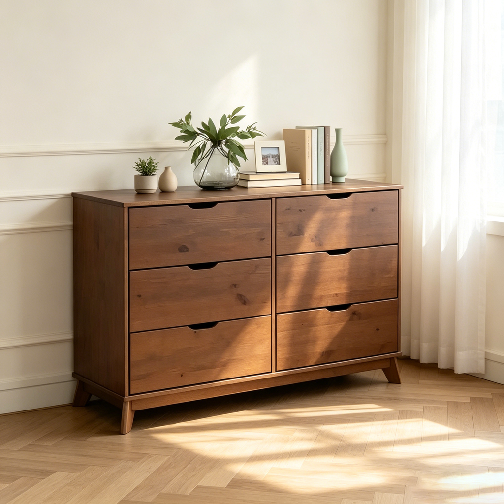 Commode 6 tiroirs en Noyer massif, style Mid-Century Modern : Rangement de chambre, Structure en Pin, Coulisses métalliques