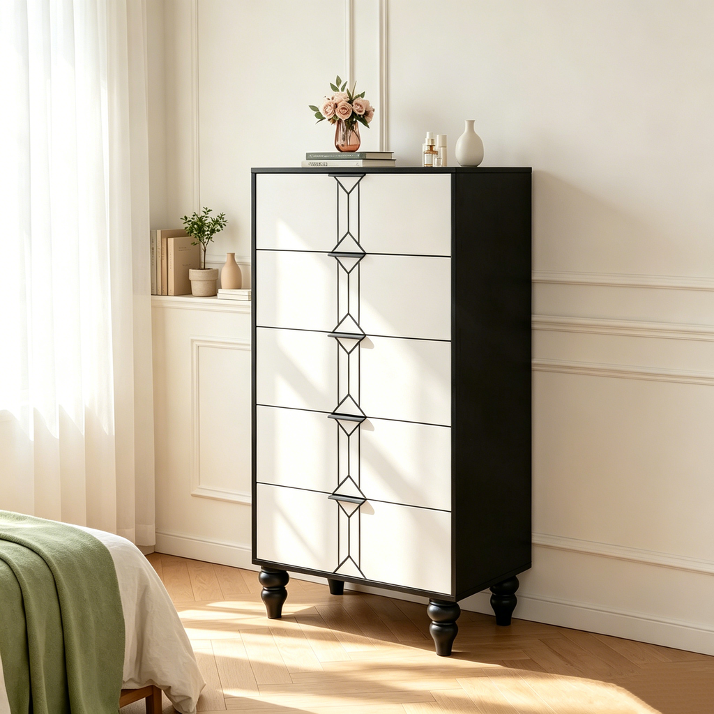Commode moderne en bois à 5 tiroirs avec motif vintage, commode haute avec tiroirs profonds pour chambre et salon, noir et blanc