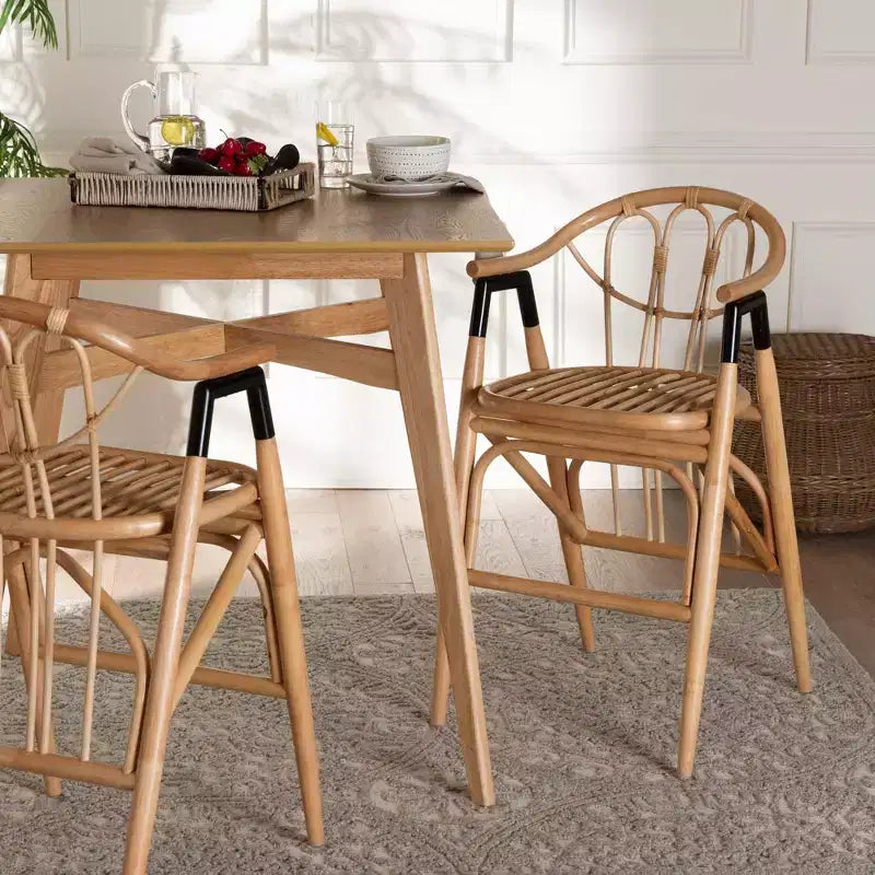 Tabouret de bar hauteur comptoir en rotin marron naturel/noir : Fabriqué à la main, style bohème, accents métalliques