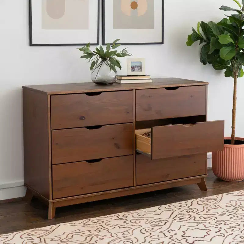 Commode 6 tiroirs en Noyer massif, style Mid-Century Modern : Rangement de chambre, Structure en Pin, Coulisses métalliques