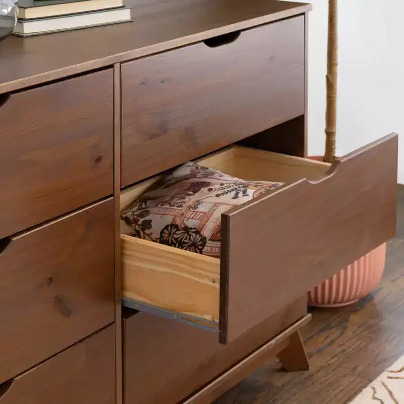 Commode 6 tiroirs en Noyer massif, style Mid-Century Modern : Rangement de chambre, Structure en Pin, Coulisses métalliques