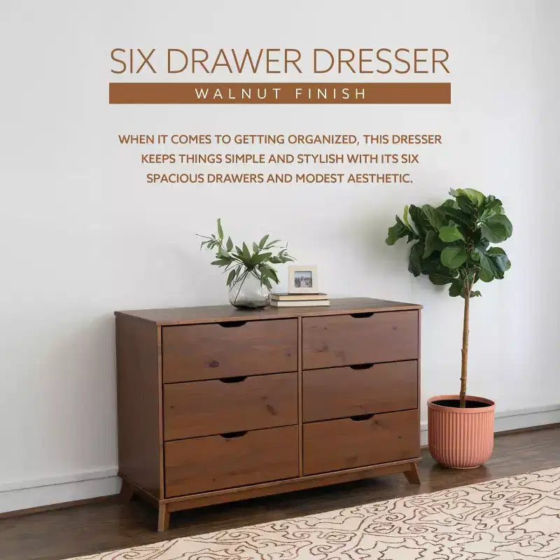 Commode 6 tiroirs en Noyer massif, style Mid-Century Modern : Rangement de chambre, Structure en Pin, Coulisses métalliques