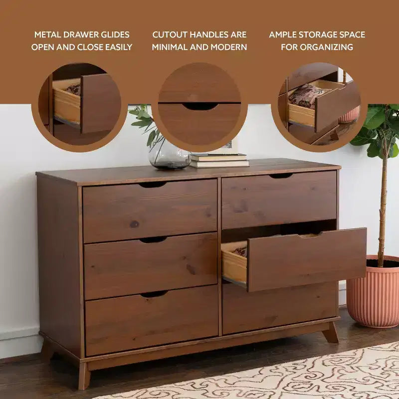 Commode 6 tiroirs en Noyer massif, style Mid-Century Modern : Rangement de chambre, Structure en Pin, Coulisses métalliques