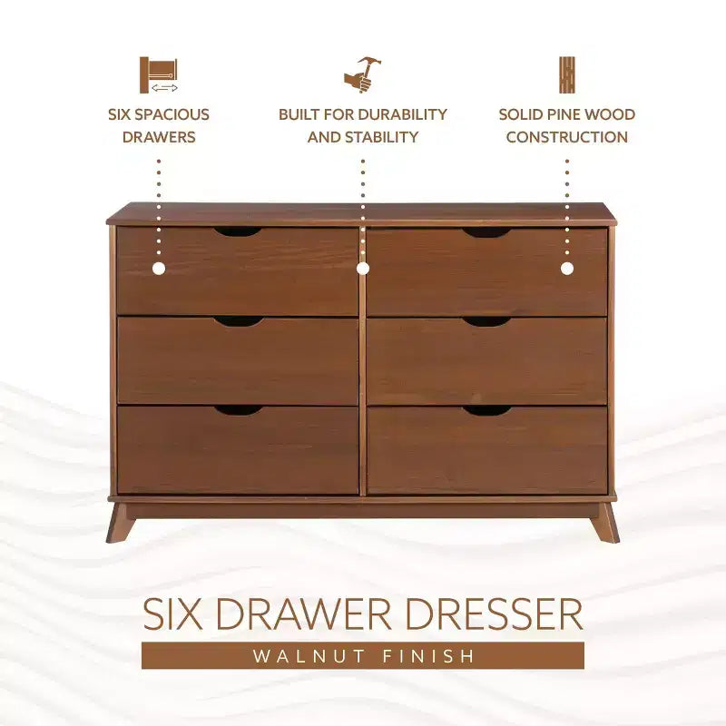 Commode 6 tiroirs en Noyer massif, style Mid-Century Modern : Rangement de chambre, Structure en Pin, Coulisses métalliques