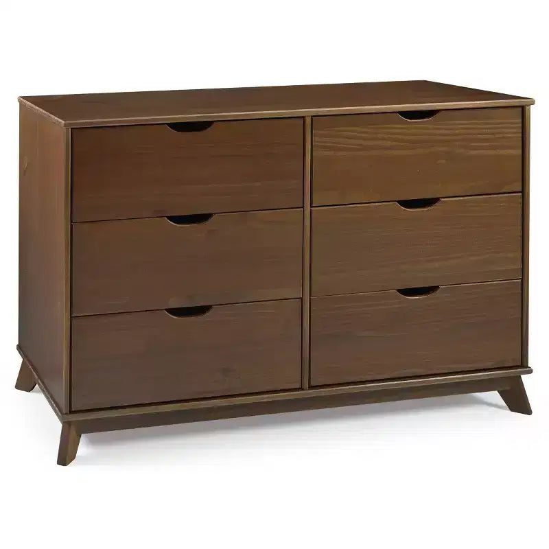 Commode 6 tiroirs en Noyer massif, style Mid-Century Modern : Rangement de chambre, Structure en Pin, Coulisses métalliques