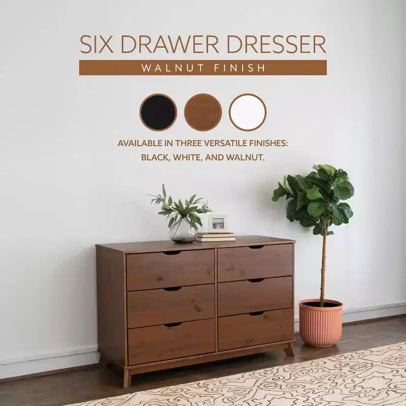 Commode 6 tiroirs en Noyer massif, style Mid-Century Modern : Rangement de chambre, Structure en Pin, Coulisses métalliques