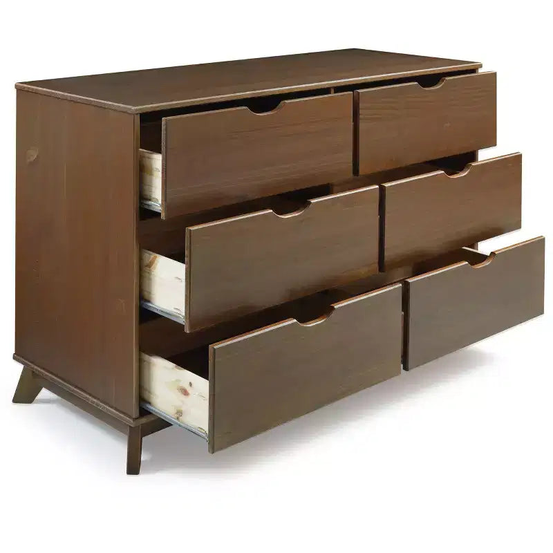 Commode 6 tiroirs en Noyer massif, style Mid-Century Modern : Rangement de chambre, Structure en Pin, Coulisses métalliques
