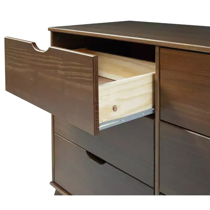 Commode 6 tiroirs en Noyer massif, style Mid-Century Modern : Rangement de chambre, Structure en Pin, Coulisses métalliques