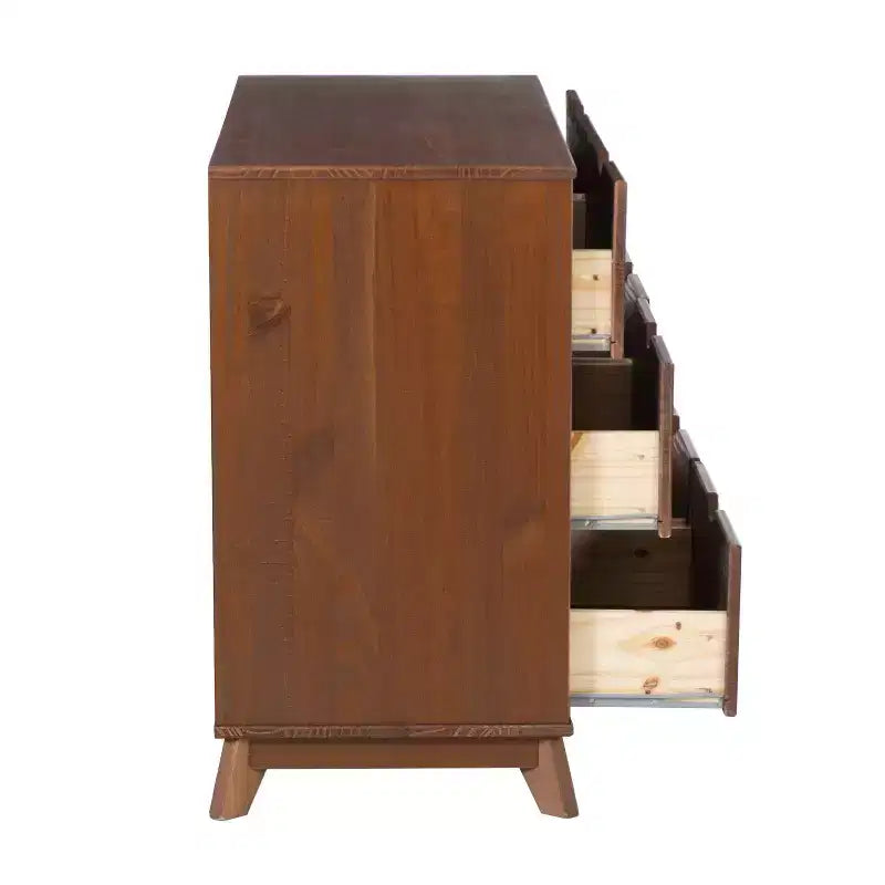 Commode 6 tiroirs en Noyer massif, style Mid-Century Modern : Rangement de chambre, Structure en Pin, Coulisses métalliques