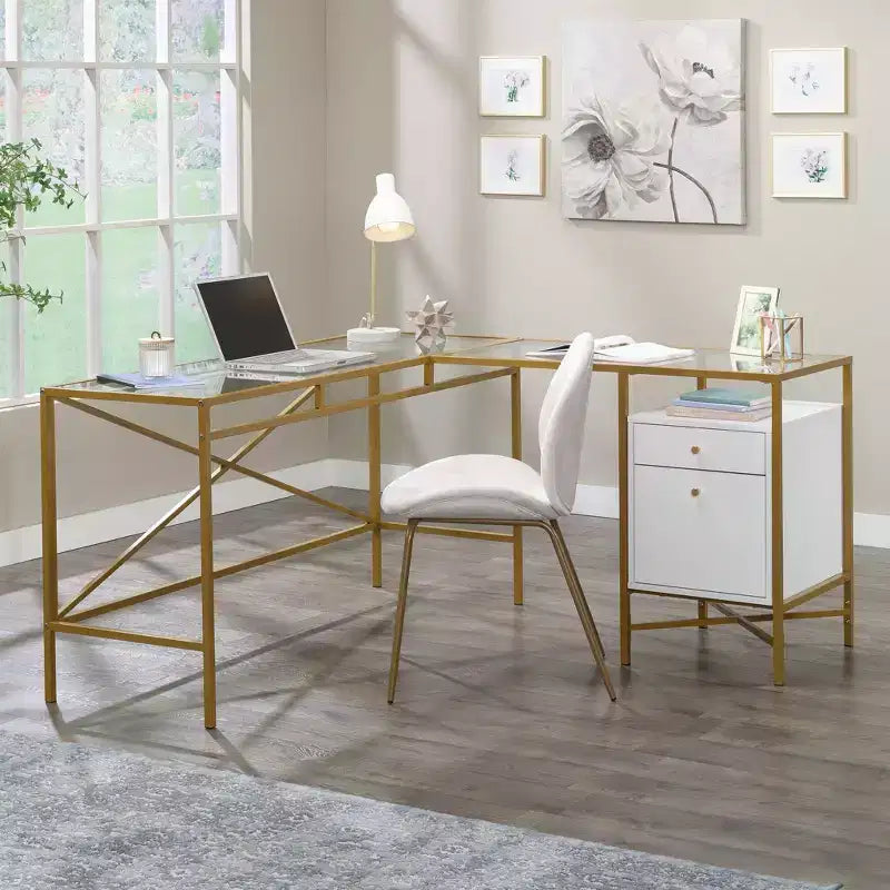 Bureau d'angle blanc avec plateau en verre