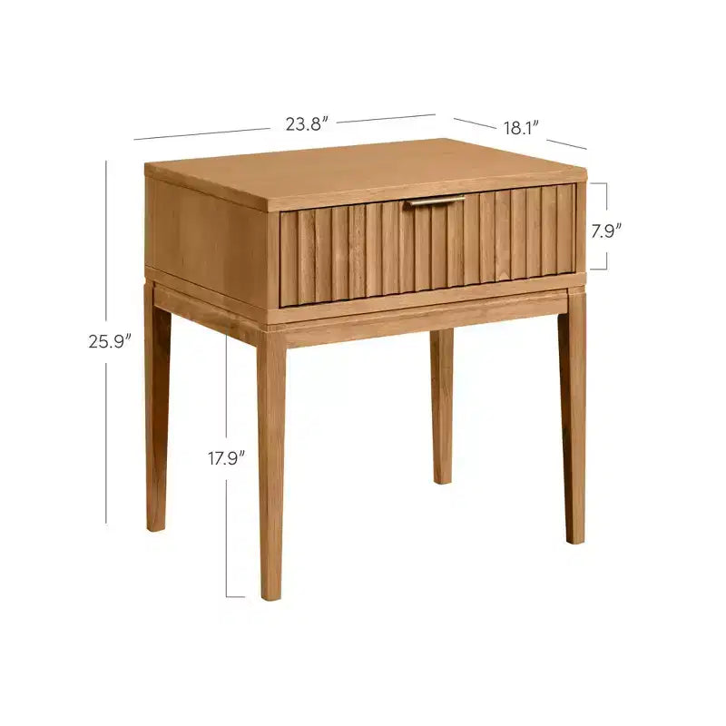 Table d'appoint cannelée en bois de style bohème avec tiroir marron : Milieu de siècle moderne, poignée en laiton, pieds fuselés