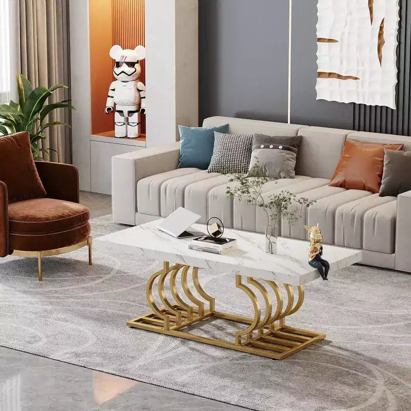 Table basse moderne avec cadre géométrique Blanc/Doré
