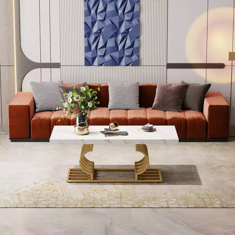 Table basse moderne avec cadre géométrique Blanc/Doré