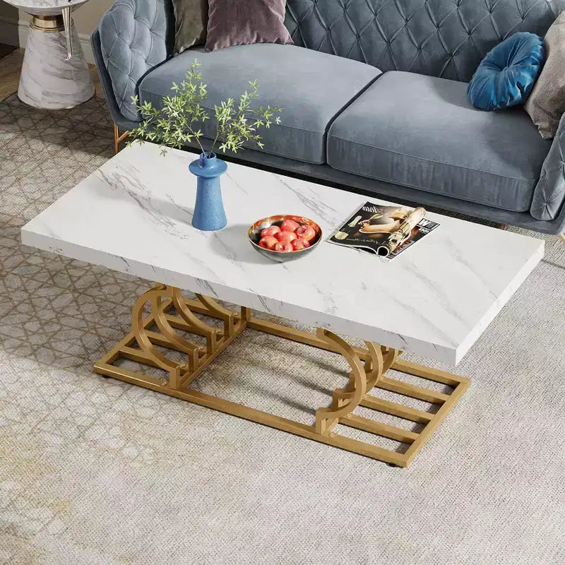 Table basse moderne avec cadre géométrique Blanc/Doré