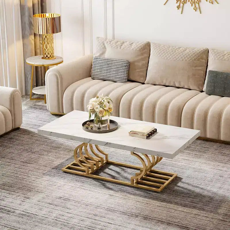 Table basse moderne avec cadre géométrique Blanc/Doré