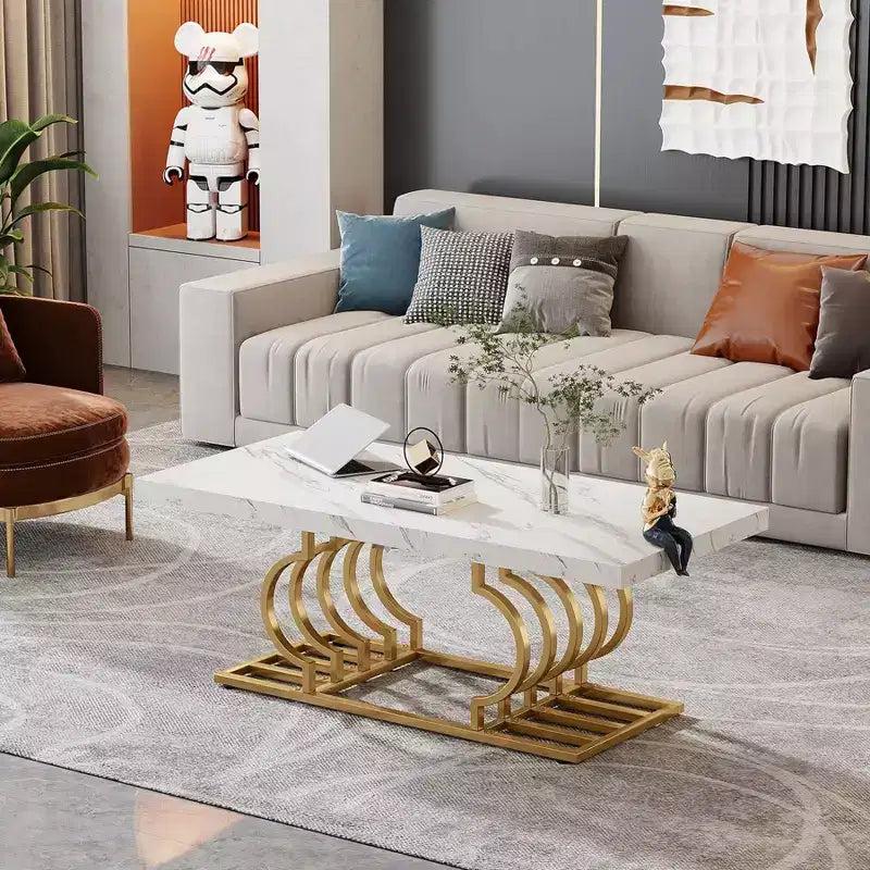 Table basse moderne avec cadre géométrique Blanc/Doré