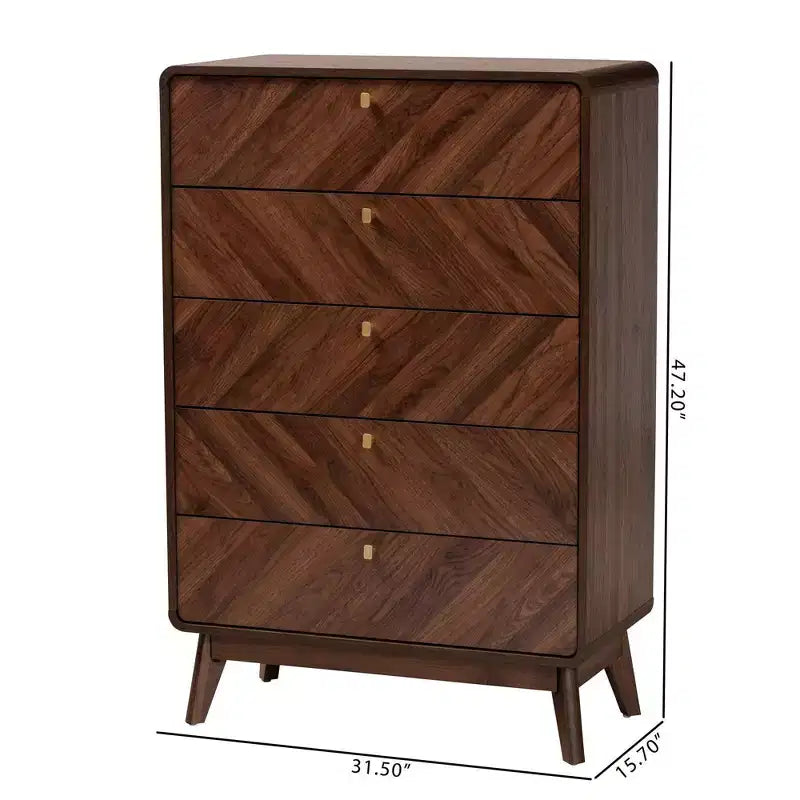 Commode en bois à 5 tiroirs Noyer marron/Doré : Design moderne du milieu du siècle, Organisateur de chambre à coucher