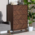 Commode en bois à 5 tiroirs Noyer marron/Doré : Design moderne du milieu du siècle, Organisateur de chambre à coucher