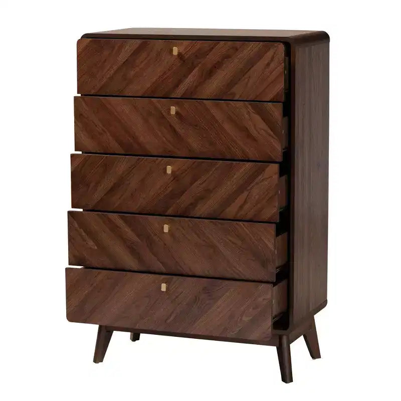 Commode en bois à 5 tiroirs Noyer marron/Doré : Design moderne du milieu du siècle, Organisateur de chambre à coucher