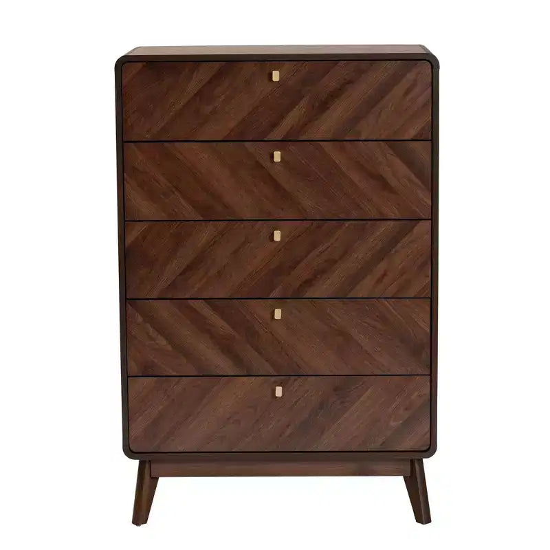 Commode en bois à 5 tiroirs Noyer marron/Doré : Design moderne du milieu du siècle, Organisateur de chambre à coucher
