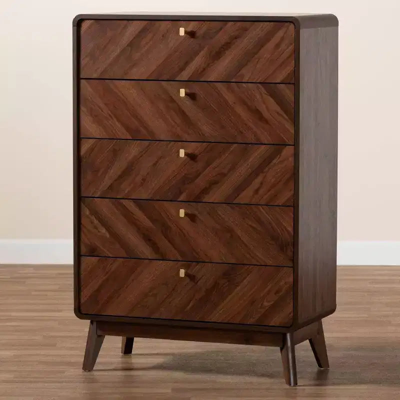 Commode en bois à 5 tiroirs Noyer marron/Doré : Design moderne du milieu du siècle, Organisateur de chambre à coucher