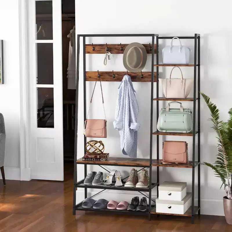 Porte-manteau d'entrée 5-en-1 avec banc à chaussures et arbre d'entrée en bois autoportant
