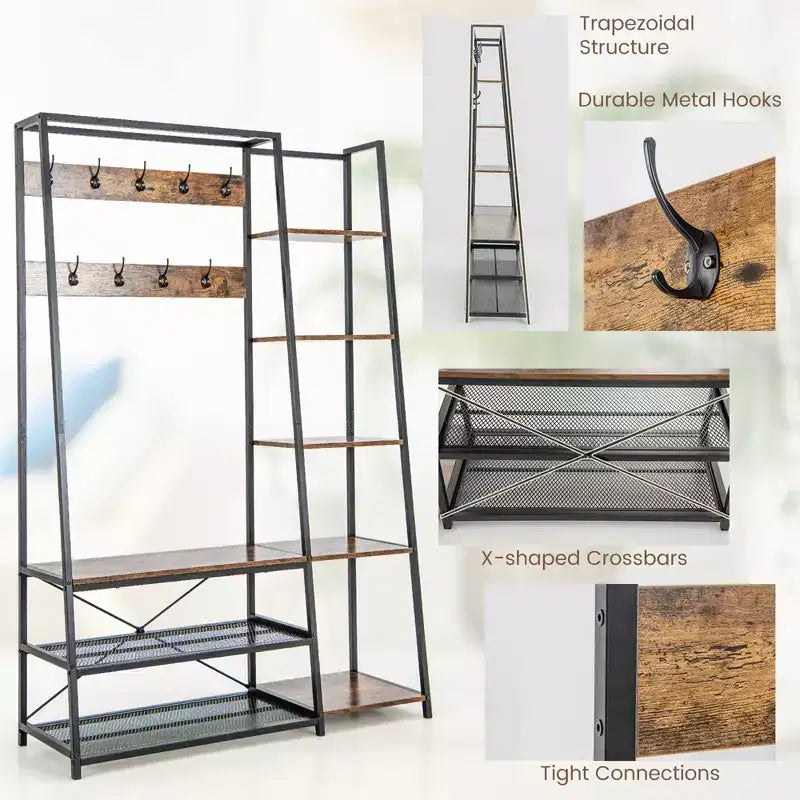 Porte-manteau d'entrée 5-en-1 avec banc à chaussures et arbre d'entrée en bois autoportant