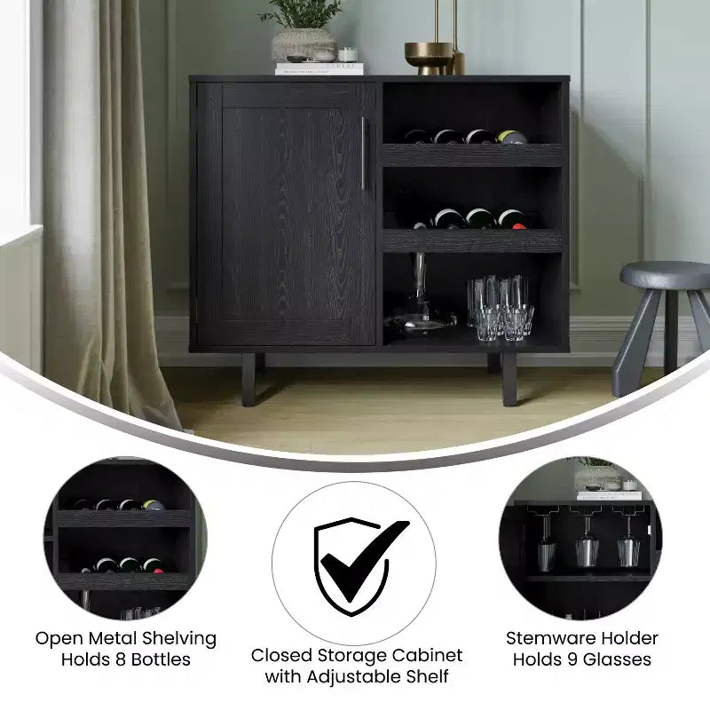 Bar classique et meuble d'appoint avec armoire à porte unique de style Shaker avec rangement suspendu pour verres et étagères ouvertes pour bouteilles