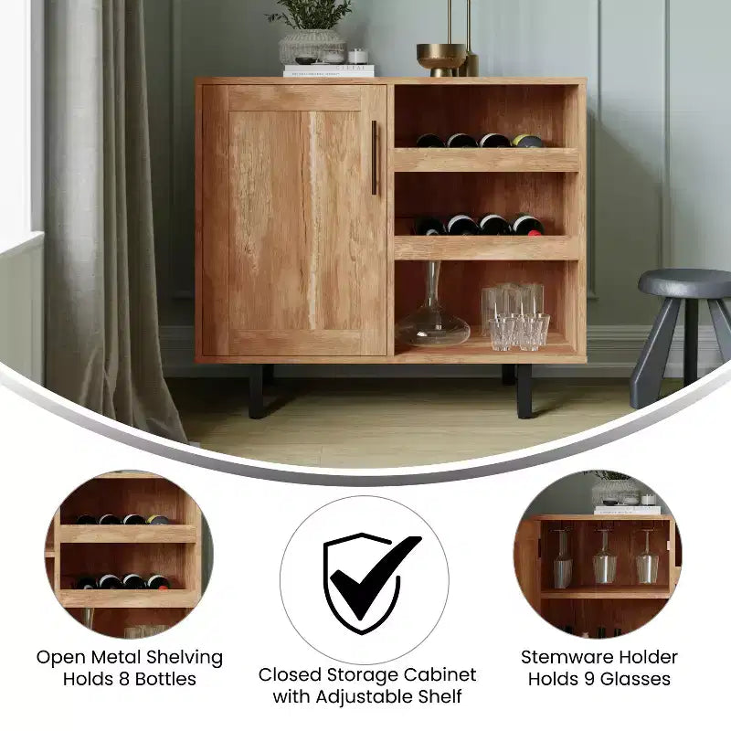 Bar classique et meuble d'appoint avec armoire à porte unique de style Shaker avec rangement suspendu pour verres et étagères ouvertes pour bouteilles