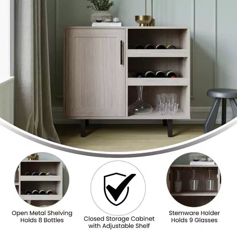Bar classique et meuble d'appoint avec armoire à porte unique de style Shaker avec rangement suspendu pour verres et étagères ouvertes pour bouteilles