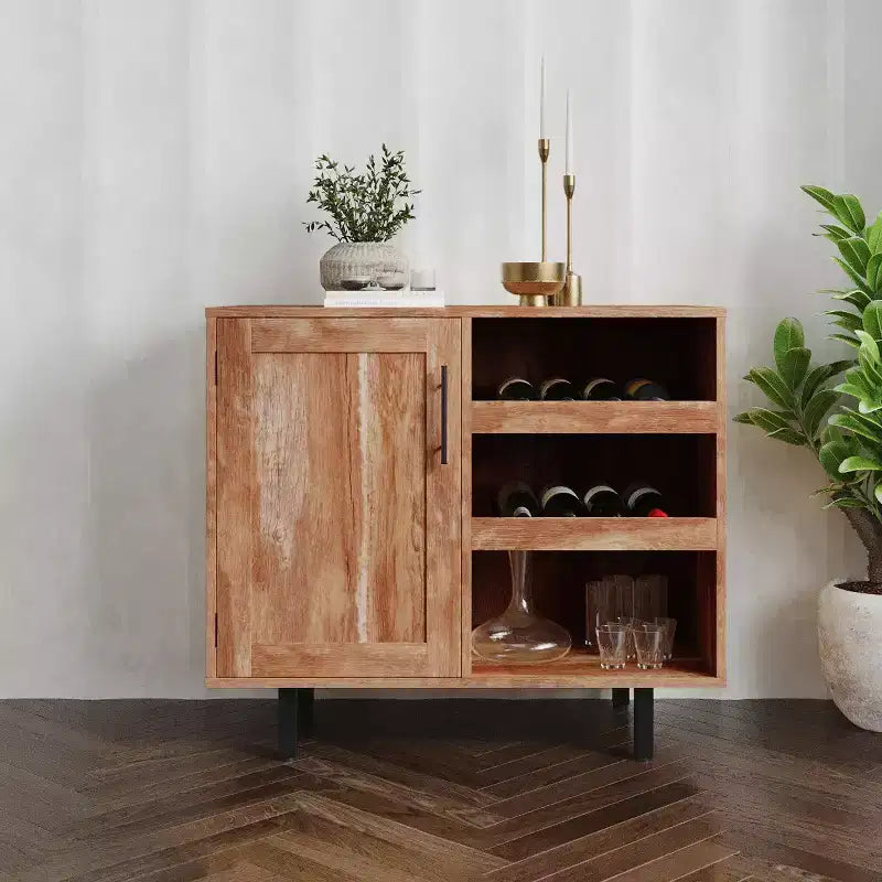 Bar classique et meuble d'appoint avec armoire à porte unique de style Shaker avec rangement suspendu pour verres et étagères ouvertes pour bouteilles