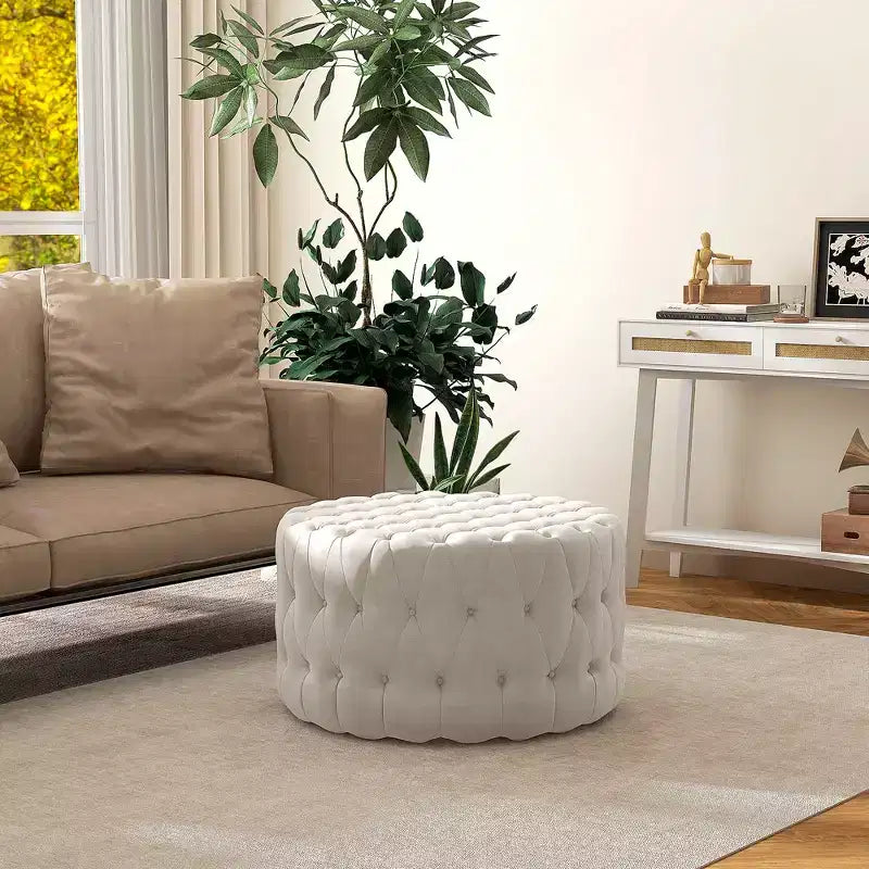 Repose-pieds capitonné, pouf rond de style ottoman en velours avec siège rembourré, table basse ottomane pour salon, chambre à coucher