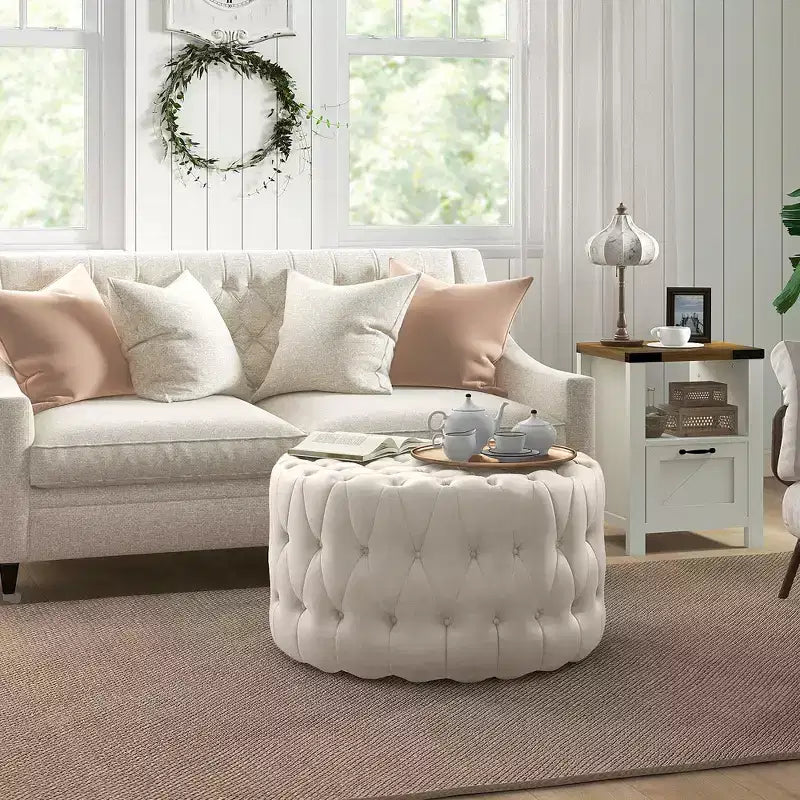Repose-pieds capitonné, pouf rond de style ottoman en velours avec siège rembourré, table basse ottomane pour salon, chambre à coucher