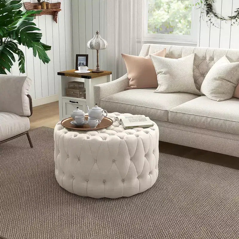 Repose-pieds capitonné, pouf rond de style ottoman en velours avec siège rembourré, table basse ottomane pour salon, chambre à coucher