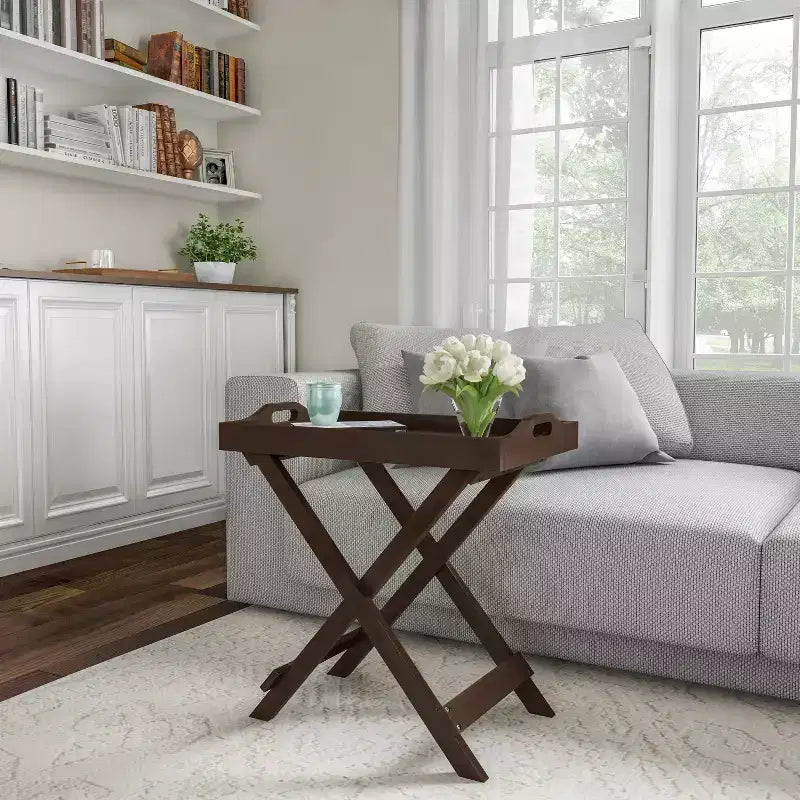 Table d'appoint pliante - Table de chevet contemporaine en bois portable avec plateau amovible