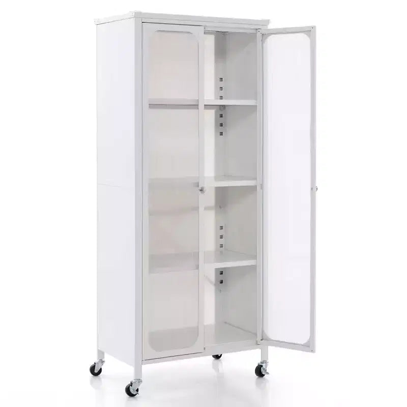 Meuble de rangement à roulettes avec 2 portes translucides et étagères réglables