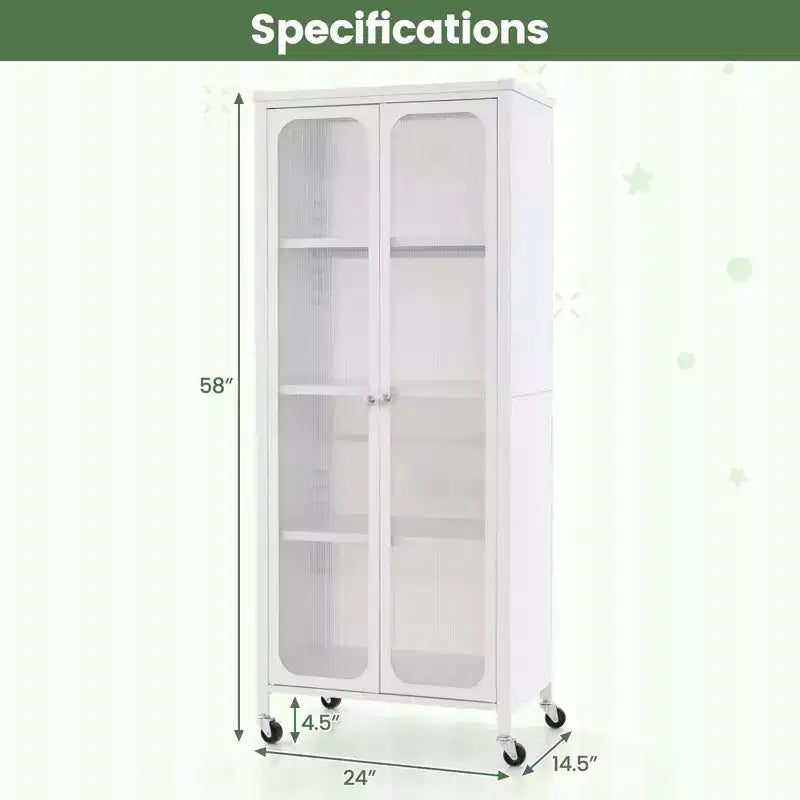 Meuble de rangement à roulettes avec 2 portes translucides et étagères réglables