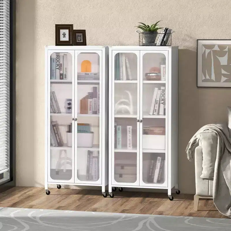Meuble de rangement à roulettes avec 2 portes translucides et étagères réglables