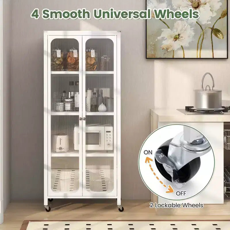 Meuble de rangement à roulettes avec 2 portes translucides et étagères réglables