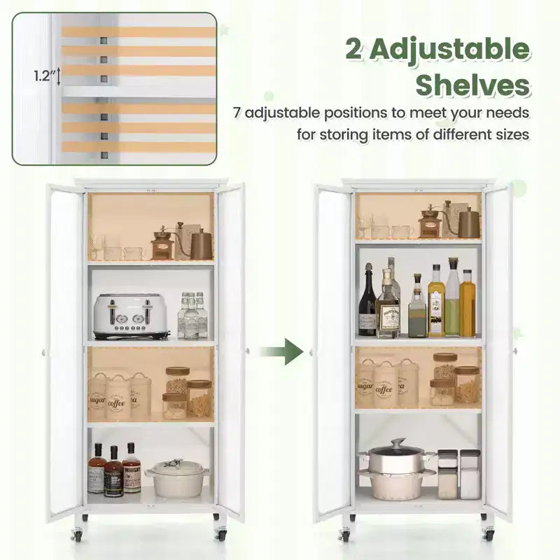 Meuble de rangement à roulettes avec 2 portes translucides et étagères réglables