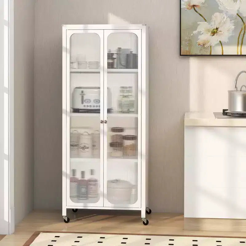 Meuble de rangement à roulettes avec 2 portes translucides et étagères réglables