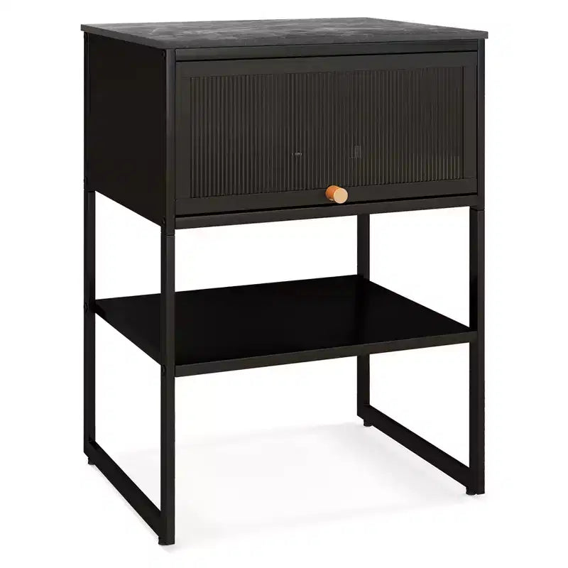 Table de chevet à 3 niveaux avec porte et étagère ouverte, cadre métallique robuste, noir