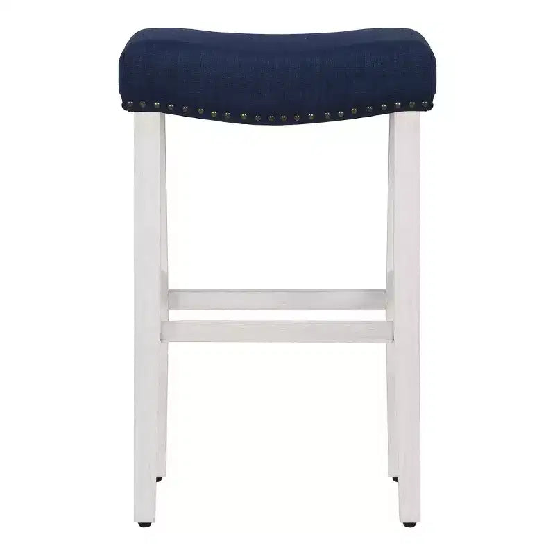 Tabouret de bar sans dossier, assise en selle rembourrée, blanc antique/bleu marine