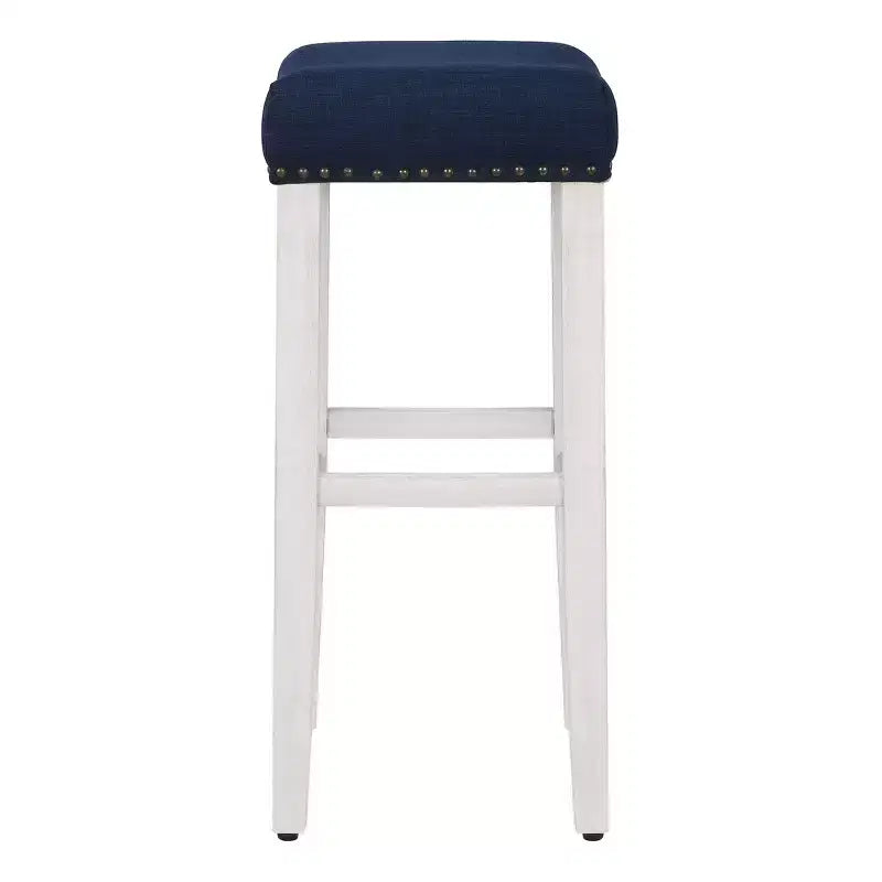 Tabouret de bar sans dossier, assise en selle rembourrée, blanc antique/bleu marine